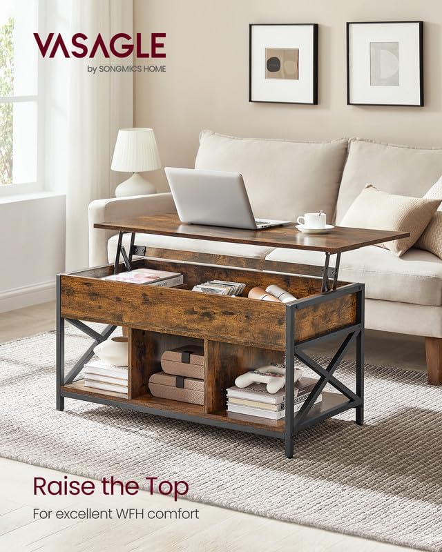 Lift-Top Coffee Table with Storage - Rustic Brown + Black, 39.4"W x 19.7"D, 3 Compartments