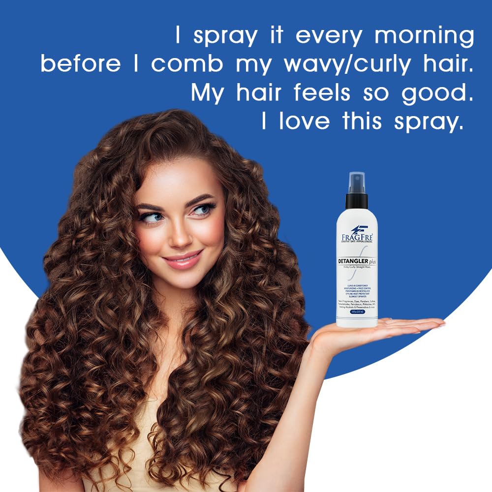 FRAGFRE Detangler plus Styling Hair Spray 8 oz - Heat Protectant and Blowout Spray - Leave in Conditioner for Sensitive Skin - Fragrance Free Hypoallergenic Unscented - Anti Frizz Vegan Cruelty Free