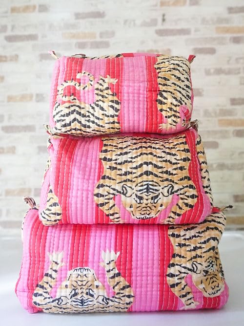 Travel Cosmetic Organizer Bag Set - Pink Fat Tiger Style, 3 Pieces