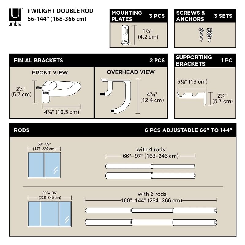 Umbra Twilight Blackout Double Curtain Rod 66-144 Inches Wrap Around