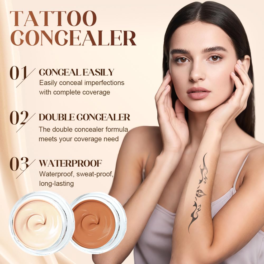 Tattoo Cover Up Makeup Waterproof, 2 Colors Tattoo Concealer, Sweatproof Tattoos Concealers for Scars, Spots, and Vitiligo (2 Colors Tattoo Concealer)