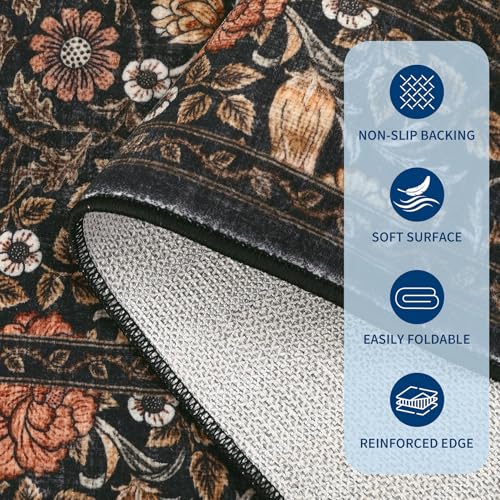 GarveeHome 9x12 Dark Brown Floral Area Rug for Living Room & Bedroom, Non-Slip Boho Vintage Design