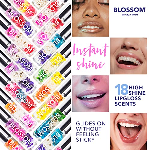Blossom Scented Roll on Lip Gloss, Infused with Real Flowers, Made in USA, 1.0 Fl oz/29.5mL, 5 PACK BUNDLE, Coconut, Juicy Peach, Strawberry, Raspberry, Watermlon