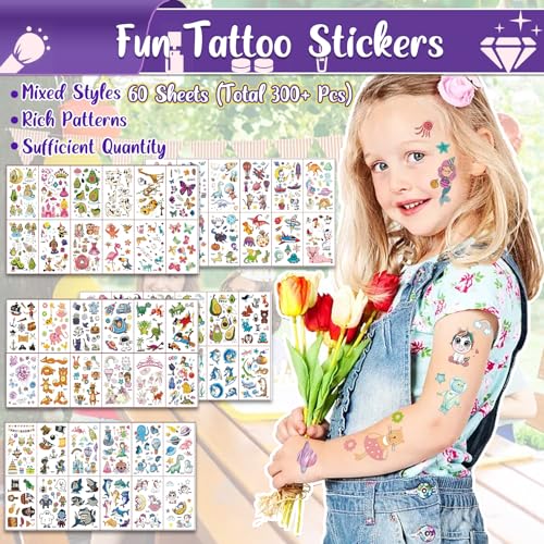 Kids Glitter Tattoo Kit with 50 Colors, 128 Stencils, Face Jewels & Accessories