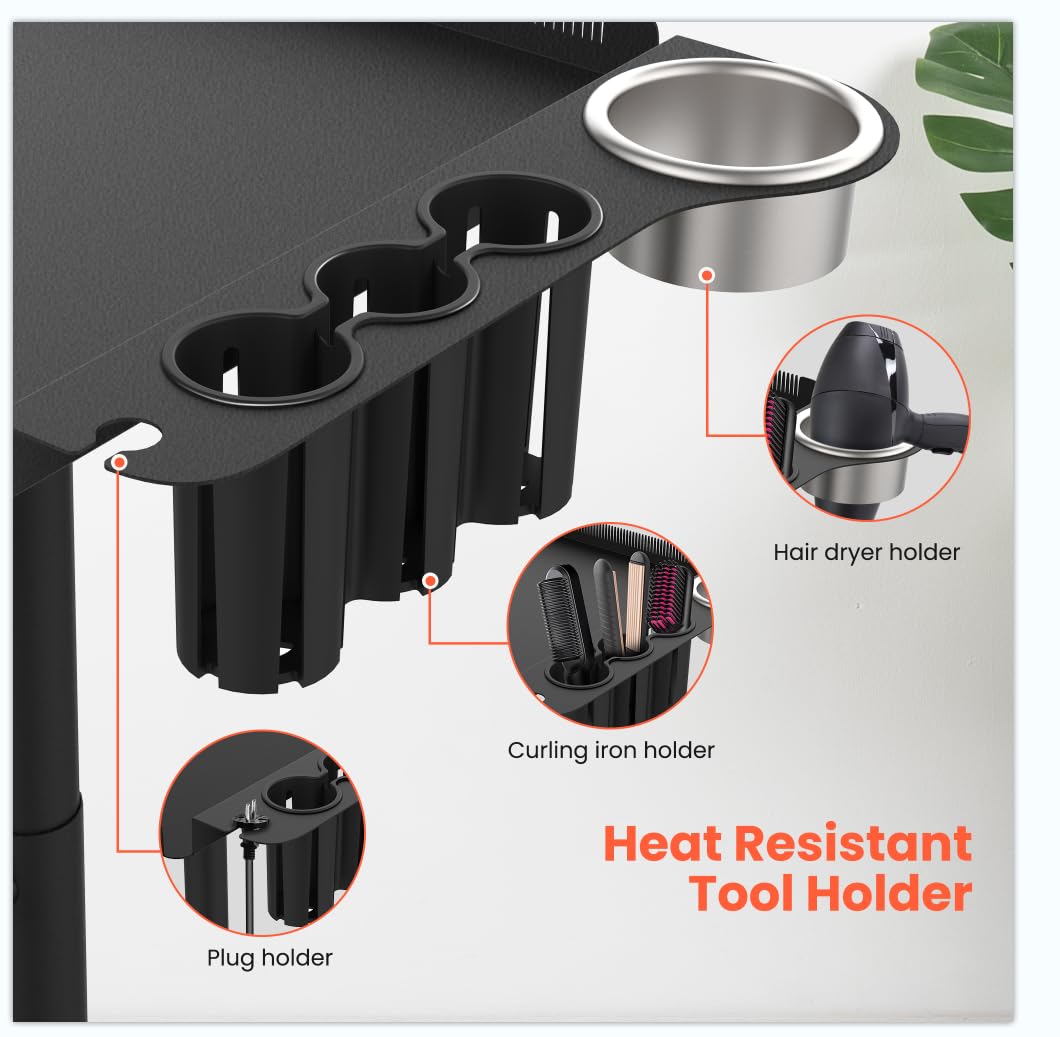 TASALON Professional Hair Styling Station Cart, Rolling Salon Tray with Magnetic Bowls, Tool Holders and Dryer Mount, Black