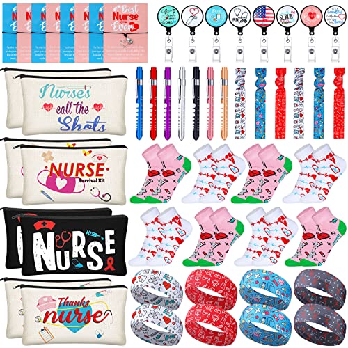 Buryeah 72 Pcs Nurses' Day Appreciation Gift Sets Bulk Nurses Week Gifts Bulk 2026 Graduation Present Women Socks Makeup Bags Penlight Badge Reels Headband Bracelet Hair Rope for Doctors Pharmacists