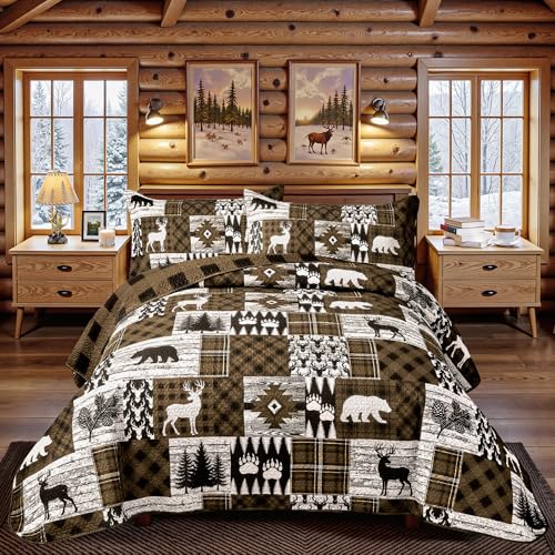 Reversible Cabin King Size Quilt Set with Shams - Bear Brown, Rustic Farmhouse Bedding