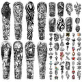 46 Sheets Full Arm Temporary Tattoos Waterproof For Men(L22.8¡°xW7¡±), Fake Tattoos for Women Lion Tiger Clock Flower Skeleton Animals Design, Hand Forearm Shoulder 3D Tattoos for Halloween