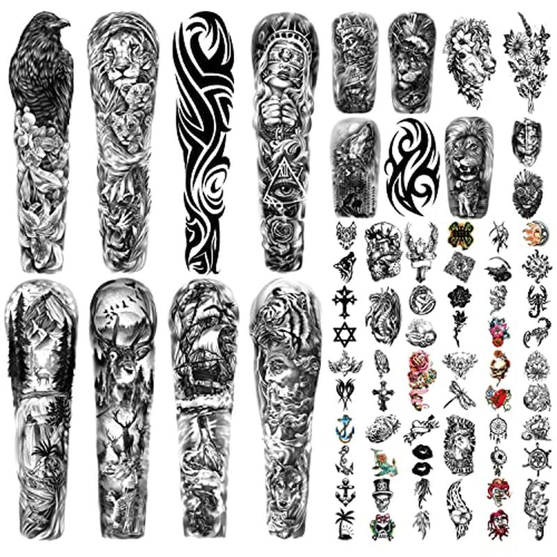 46 Sheets Full Arm Temporary Tattoos Waterproof For Men(L22.8¡°xW7¡±), Fake Tattoos for Women Lion Tiger Clock Flower Skeleton Animals Design, Hand Forearm Shoulder 3D Tattoos for Halloween