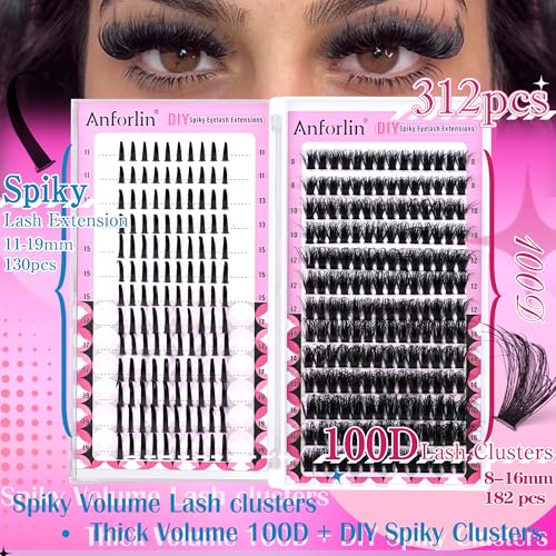 Spiky Volume Lash Extension 312pcs 100D Lash Clusters with Lash Spikes 8-19mm Mega Thick Eyelash Extensions Wispy Lash Clusters DIY Spiky Lash Extension D Curly Individual Lashes Clusters by Anforlin