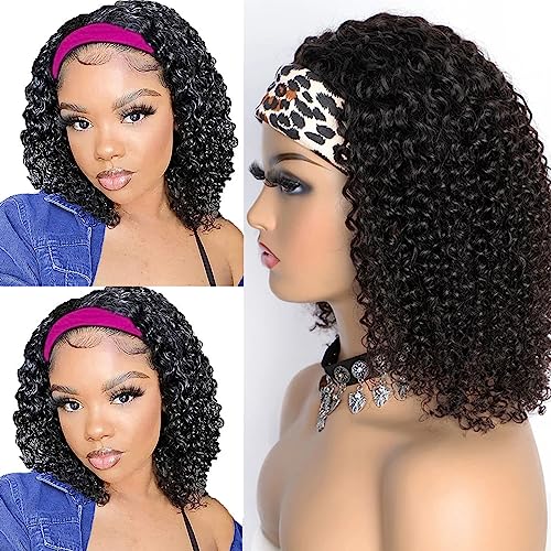 Feelgrace 12 Inch Natural Curly Water Wave Headband Wig Human Hair Glueless Short Kinky Curly Wig for Black Women