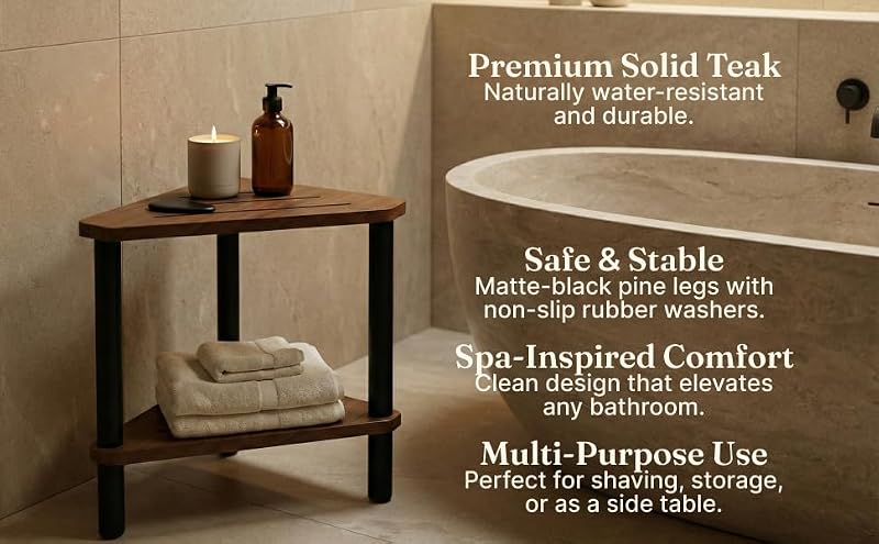 Corner Teak Shower Stool with Shelf - Waterproof Wooden Bathroom Seat