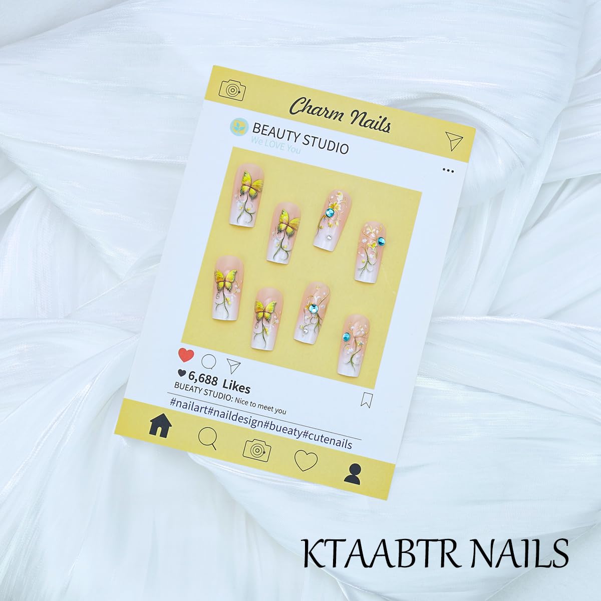 24PCS Rhinestones French Tip Press on Nails Medium Square Shape White Gradient Yellow Flower Butterfly Fake Nails with Glue Full Cover Pink Glossy False Nails for Women Manicure Decoration