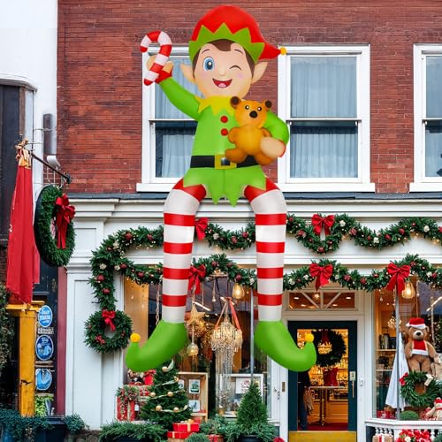 10FT Outdoor Christmas Inflatable Elf with LEDs & Stable Setup - Yard Decor