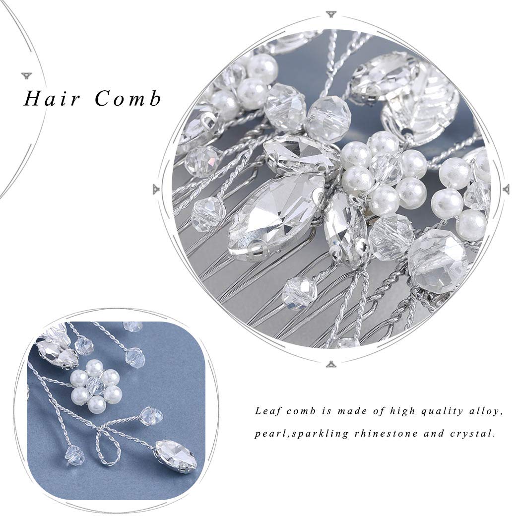 Gorais Leaf Bride Wedding Hair Comb Pearl Bridal Hair Piece Crystal Side Comb Hair Accessories for Women and Girls