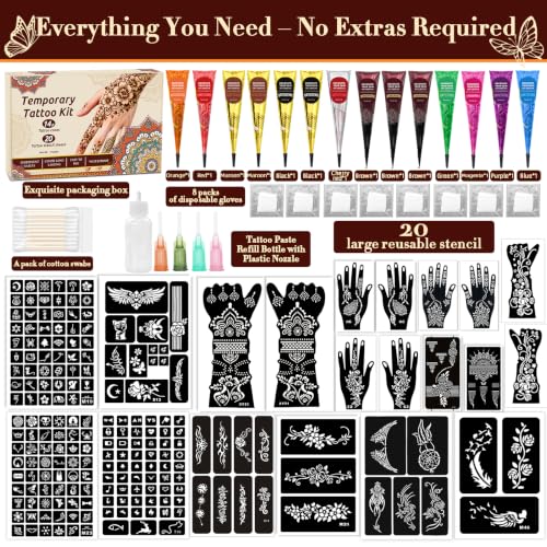 MuseLuxe 14P-10 Colors Temporary Tattoo Kit with 20 Stencils & Accessories