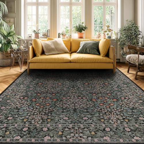 8x10 Green Washable Area Rug for Living Room & Bedroom - Non-Slip, Floral Design - Variation: Green / 8' x 10' Oblong