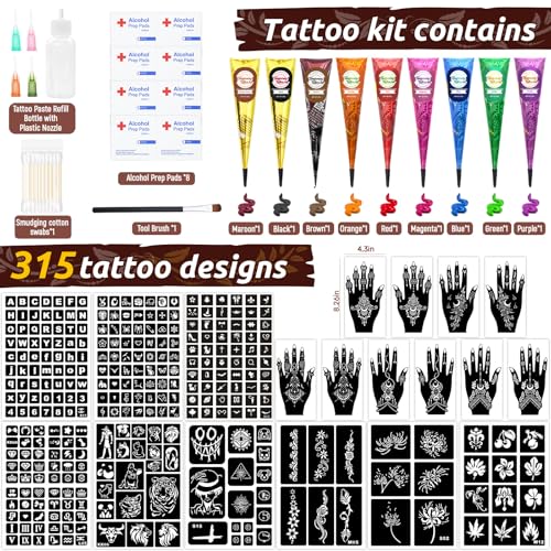 315Pcs Temporary Tattoo Stencil Kit with 9 Colors Tattoo Cones - PllusJoys, 9-Color Set