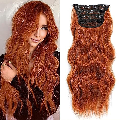 24-Inch Red Clip-In Hair Extensions Long Wavy Synthetic Hair for Women - Copper Red Variation