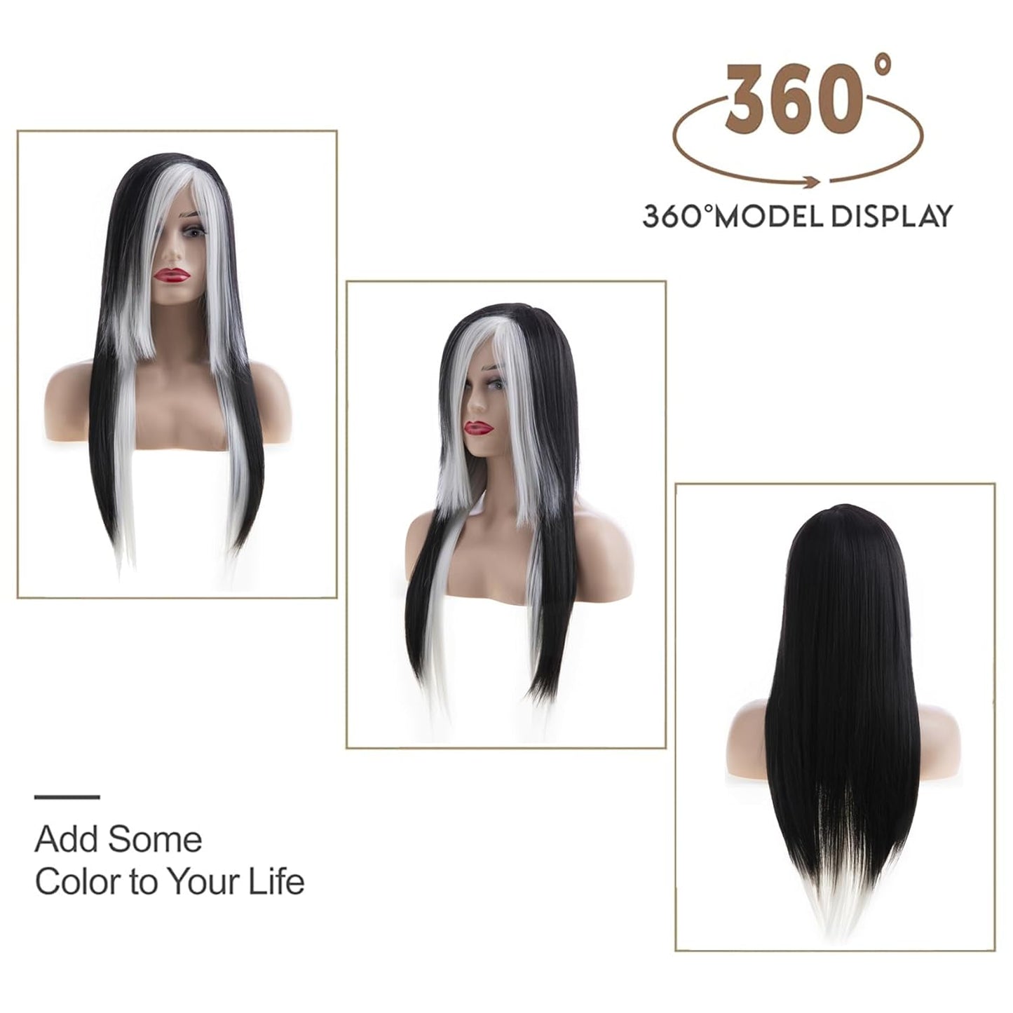 Silky Straight Long Red Black Wig with Side Bangs - Heat Resistant Synthetic Hair for Halloween