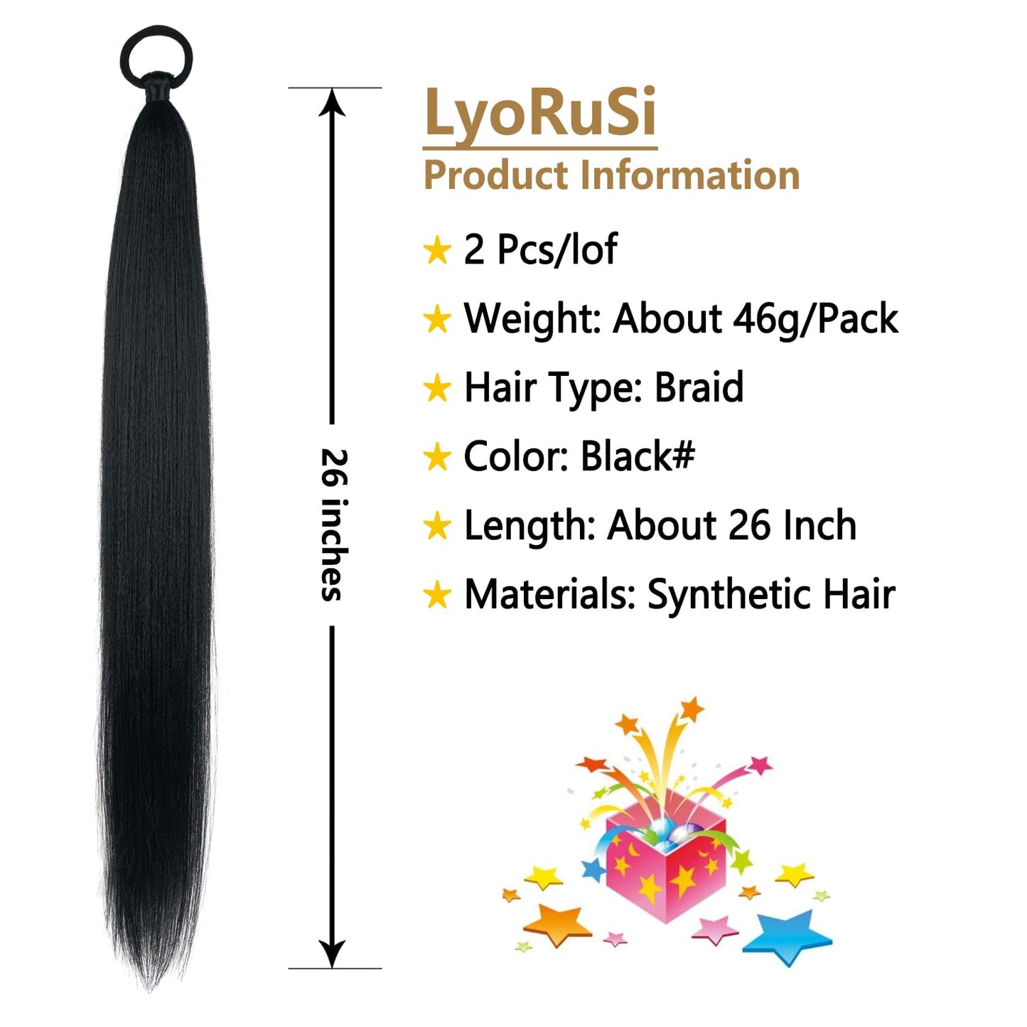 Black Ponytail Extension 2 Pack Braid Ponytail Extension with Elastic Tie Straight Sleek Wrap Around Braid Hair Extensions Ponytail 26 Inch (Black#)
