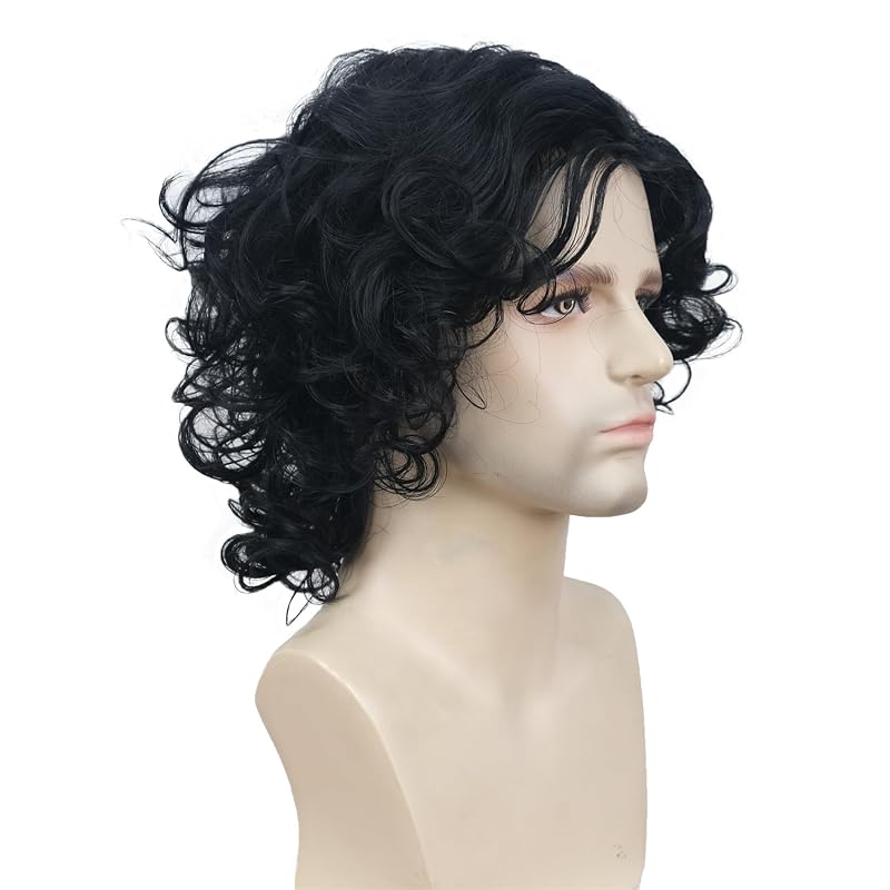 Aimole 12" Long Curly Men Wig - Black with Bangs, Synthetic High Temp Fiber, Cosplay