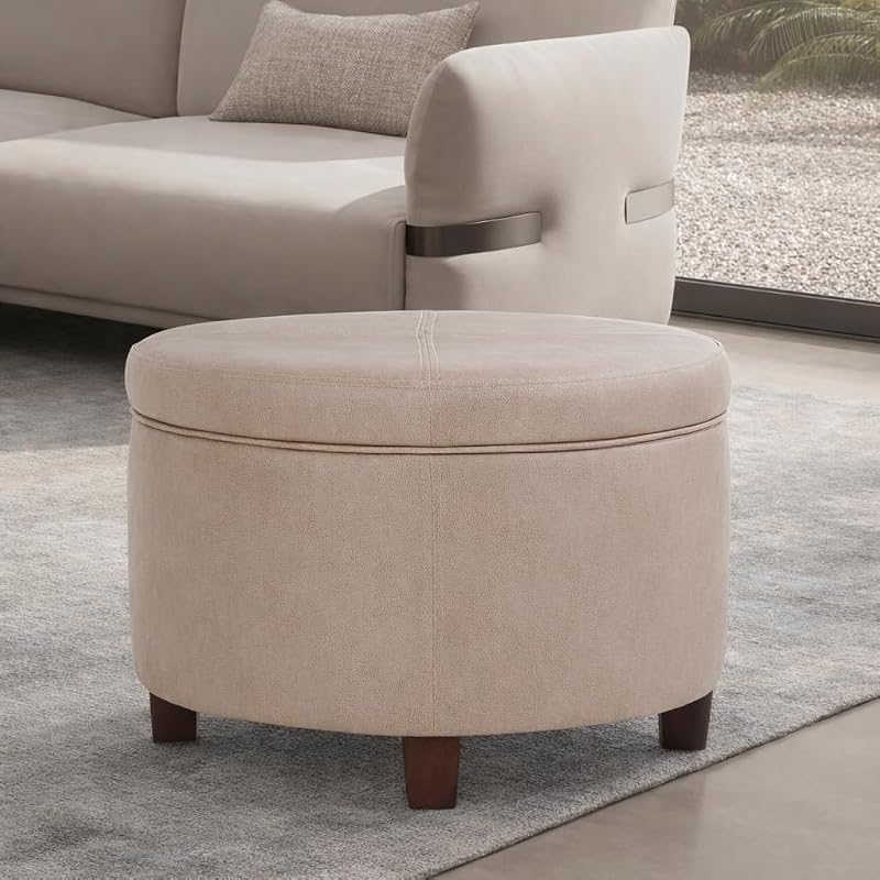 Storage Ottoman with Faux Leather - Round Taupe Brown, 17x24, Lift-Top