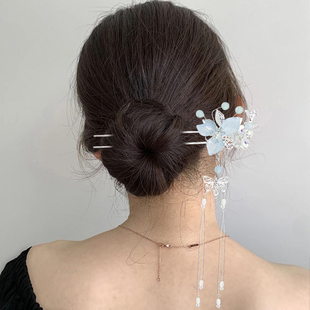 5PCS Flower Pearl Tassels Hairpin, Rhinestone Hair Clips Headpiece Vintage Chinese Hanfu Wedding Brides Hair Accessories for Women Girls Updo Long Hair