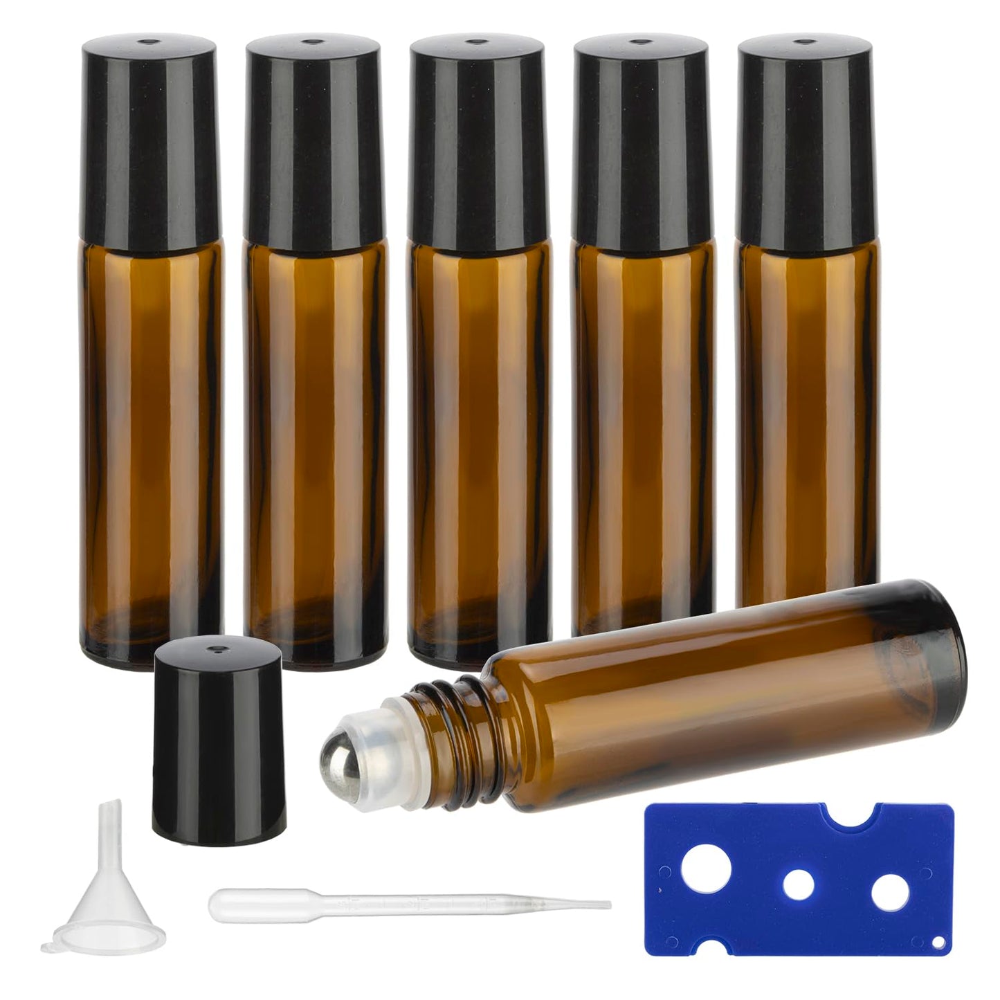 GIVITASOT 10ML Essential Oil Roller Bottles, 6 Pack Amber Oil Roller Bottles for Essential Oils, Roll on Bottle with Stainless Steel Balls(6 Labels, Opener, Funnel, Dropper Included)