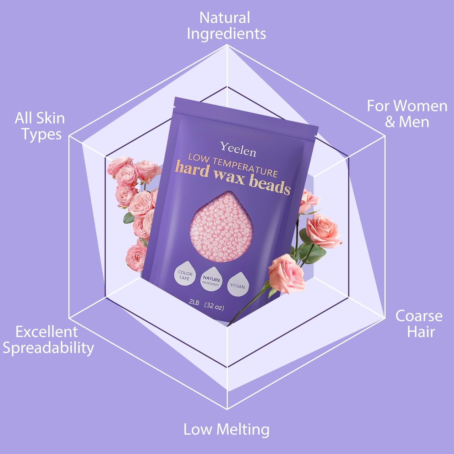 Hard Wax Beads 2LB Waxing Beads: Wax Beads for Sensitive Skin Bikini Wax Beans Brazilian Waxing Face Lip Eyebrow - Bulk Ideal for Salons and Home Use (Pink)