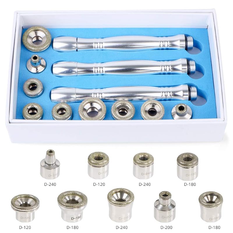 Diamond Microdermabrasion Replacement Tips Kit – 9 Diamond Tips, 3 Wands, 50 Cotton Filters (US) – Variation: 9 Tips & 250 Filters