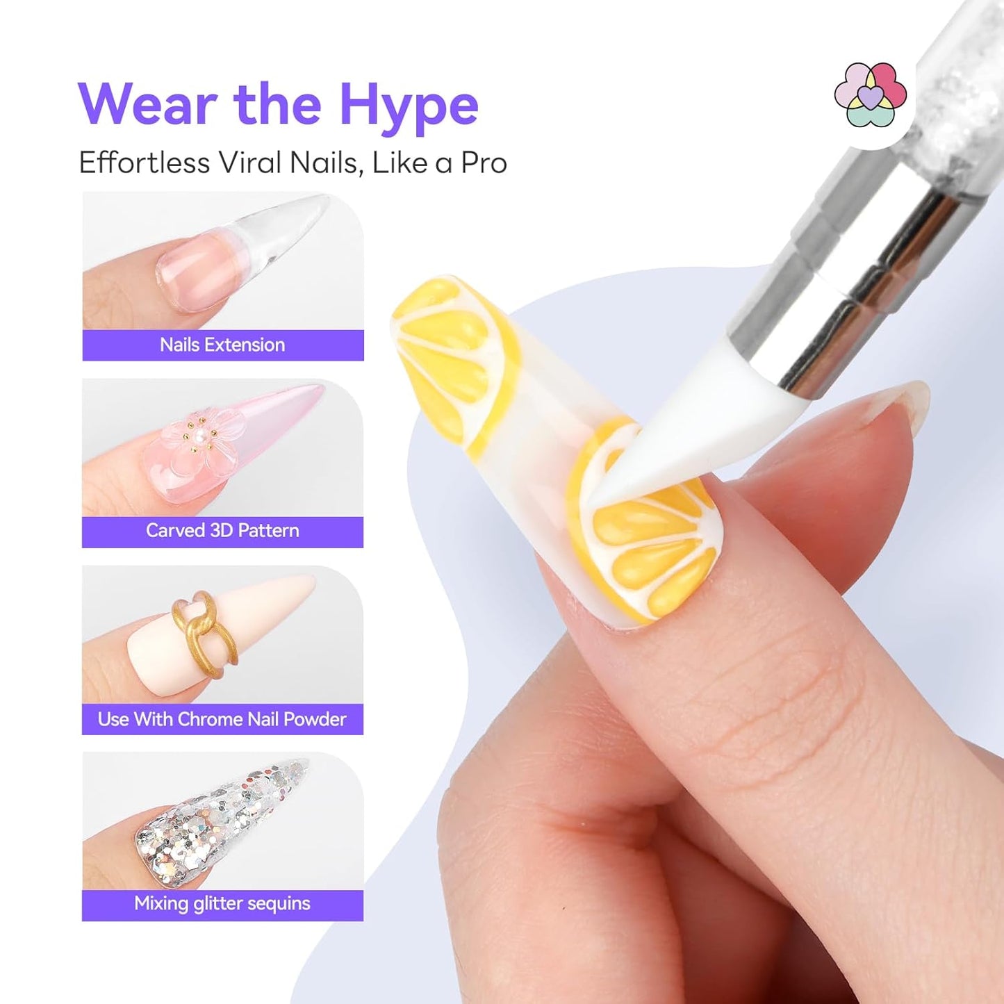 Builder Nail Gel Kit - 4 Colors (Clear, Nude, White, Pink) for Nail Extensions & 3D Sculpting - Long-Lasting Non-Sticky Hard Gel with Chrome Powder