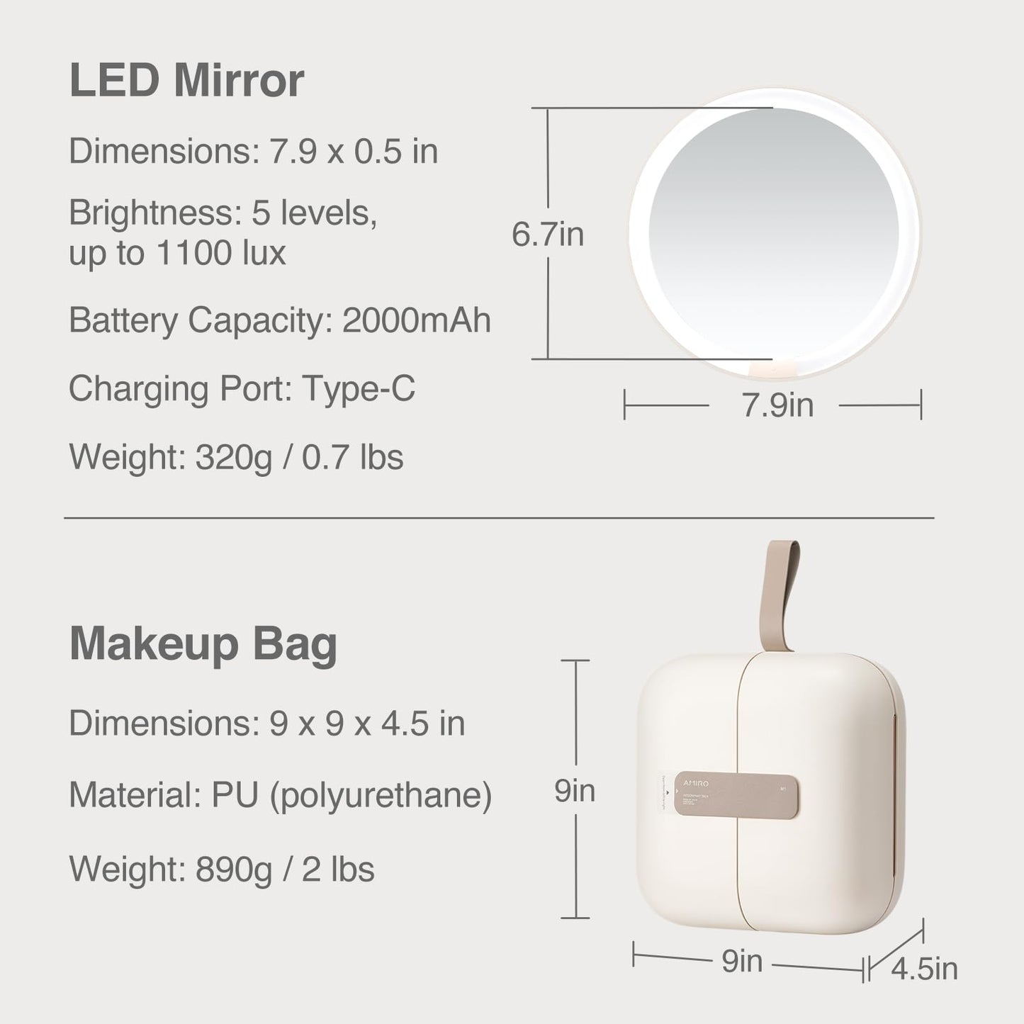 AMIRO M2 Travel Makeup Bag with 5 Level Brightness & 3 Color LED Mirror, Portable Makeup Artist Organizer, White