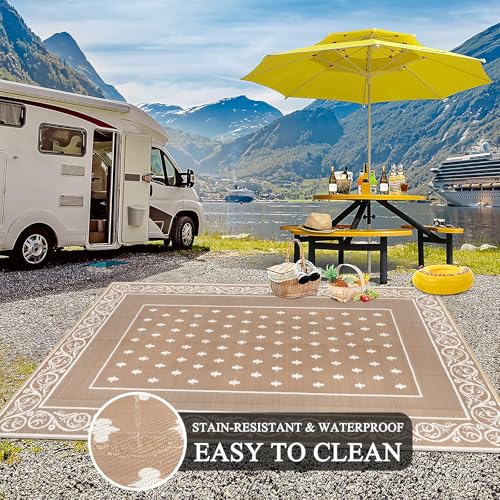 Pauwer 10x14 Waterproof Reversible Outdoor Rug Beige Patio Carpet