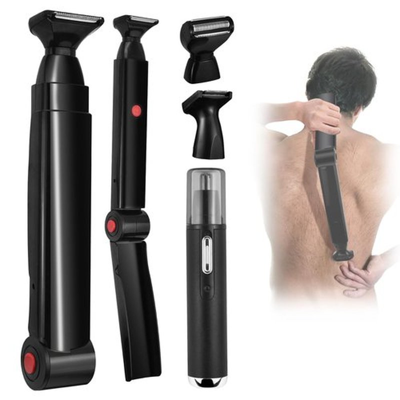 ETbyto Back Shavers for Men Long Handle，Multifunctional Self-Service Electric Back Hair Razor with Adjustable Handle，Men's Back Shaver wiht Nose Hair Trimmer Set and 2 Shock Absorber Flex Heads，Black