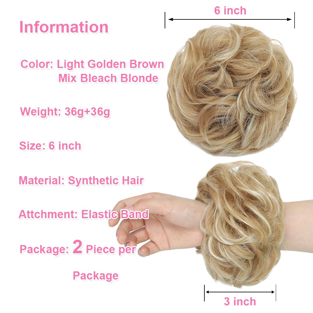 YOLANFAIRY 2PCS Messy Bun Hair Piece Wavy Curly Tousled Updo Hair Buns Synthetic Chignon Elastic Hair Band Fake Bun Hair Pieces for Women (Lighe Golden Brown Mix Bleach Blonde, 2PCS Same)