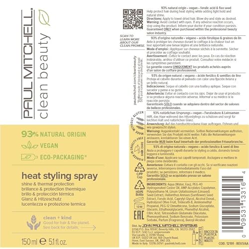 Paul Mitchell Clean Beauty Heat Styling Spray, Shine & Thermal Protection, For All Hair Types That Heat Style, 5.1 fl. oz.