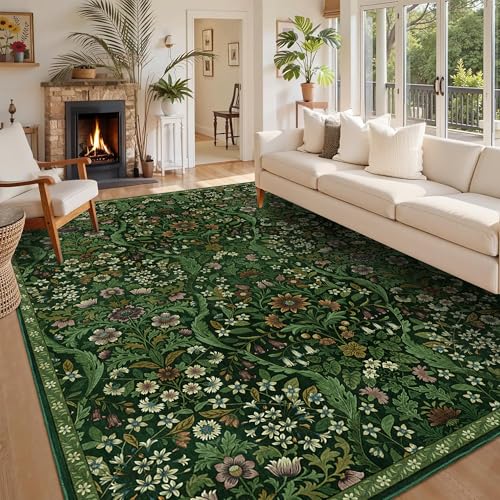 Dark Green 8x10 Floral Botanical Area Rug for Living Room - Boho Carpet