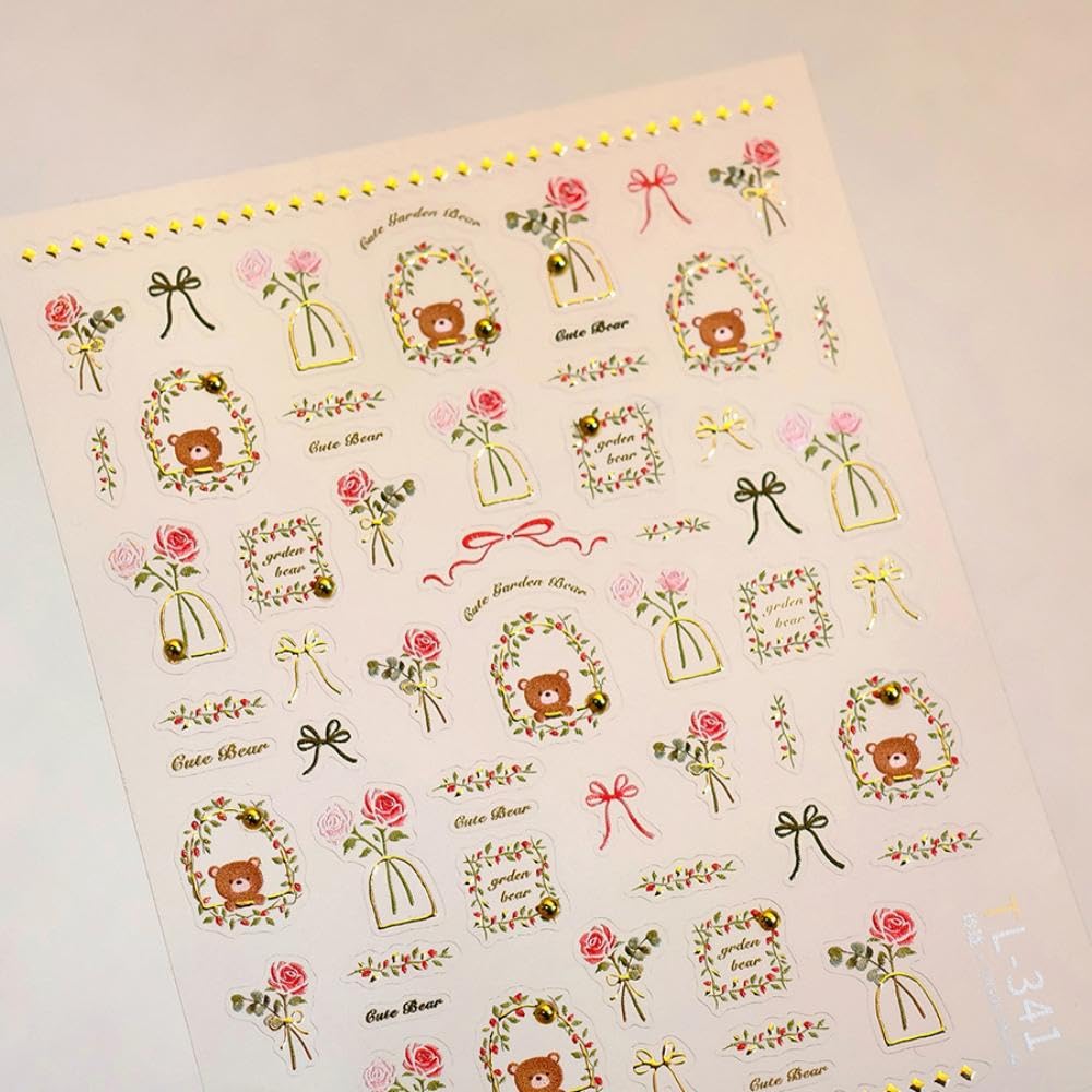 Gold Nail Art Stickers Decals Bear Flower Nail Stickers for Nails Art 5D Embossed Nail Decals Self Adhesive Manicure Supply Charms for Women Girls Kid Nails DIY Decoration