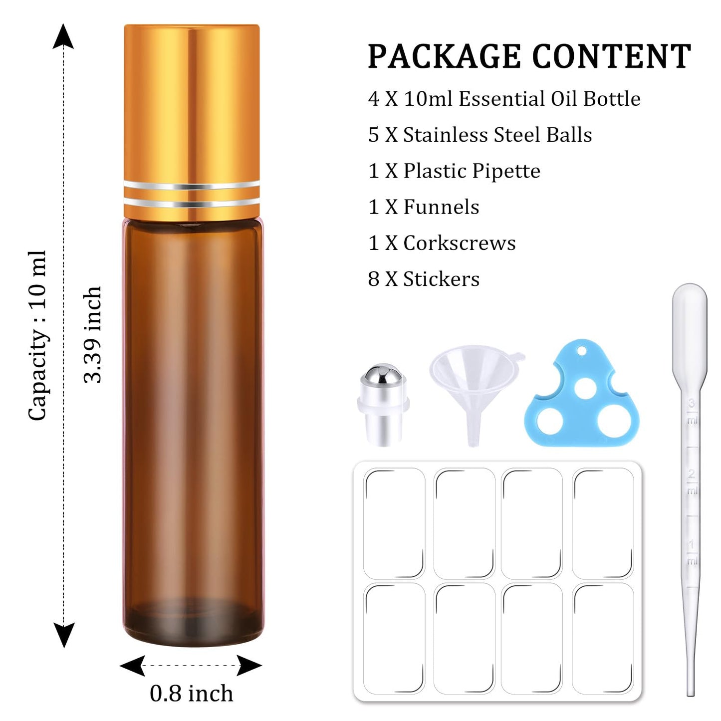4 Pack, Essential Oil Roller Bottles, Amber Glass Roller Balls for Essential Oils, 10ml Empty Rollerball Bottles for Travel Refillable Roll on Perfume Bottles with Caps