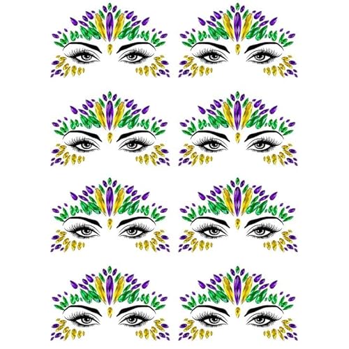 Wehhbtye 8 Set Mardi Gras Face Jewels Stickers, Self-Adhesive Mardi Gras Eye Gems Sticker, Glitter Face Crystals Decoration for Women Party Costume Cosplay Makeup Dress-up Decor