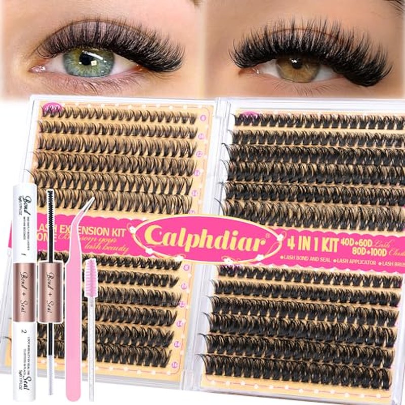 Calphdiar DIY Lash Extension Kit Wispy Eyelash?Extension Kit D Curvature Lash?Clusters Kit 8-16mm 474pcs Lashes Extension Kit with Lash Bond and Seal, Lash Tweezers, Eyelash Brush(40+60+80+100D)