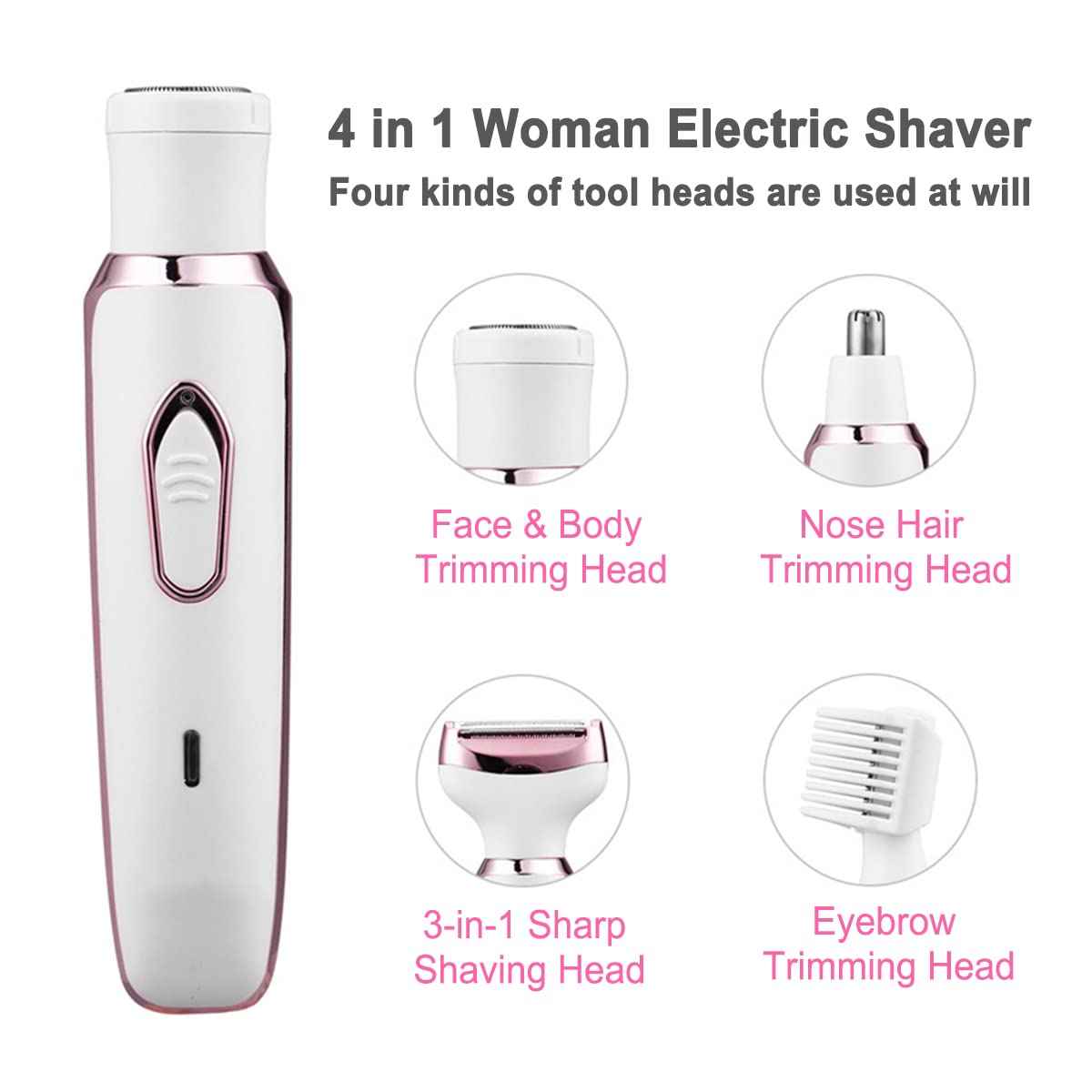 Electric Razor for Women,Hair Trimmer for Face Nose Eyebrow Beard Mustache Arm Leg Armpit Bikini,Painless Rechargeable Portable 4 in 1 Womens Body Shavers Set