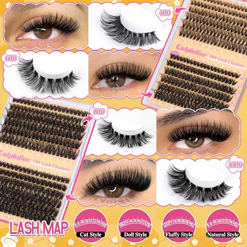 Calphdiar DIY Lash Extension Kit Wispy Eyelash?Extension Kit D Curvature Lash?Clusters Kit 8-16mm 474pcs Lashes Extension Kit with Lash Bond and Seal, Lash Tweezers, Eyelash Brush(40+60+80+100D)