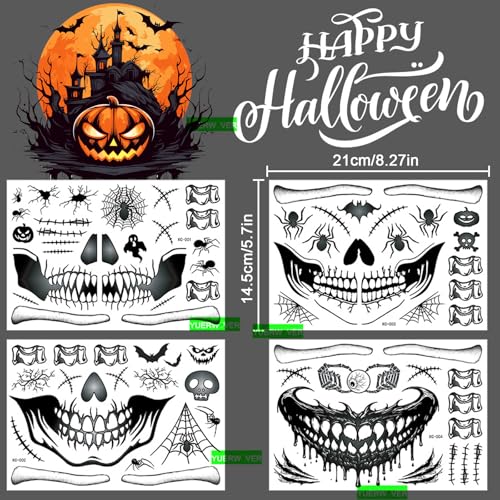 4 Sheets Scary Halloween Face Skull Decals Temporary Tattoos For Men Women Horror Skeleton Mouth Sticker Spider Web Fool's Day Zombie Bat Scar Makeup Kit for Kids Adults(KC4)
