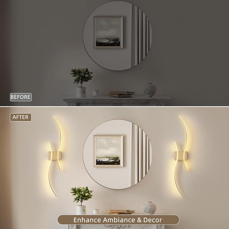 Brushed Brass Wireless Wall Sconces 2-Pack, Dimmable 3CCT, 15–65H Runtime - Arc Style