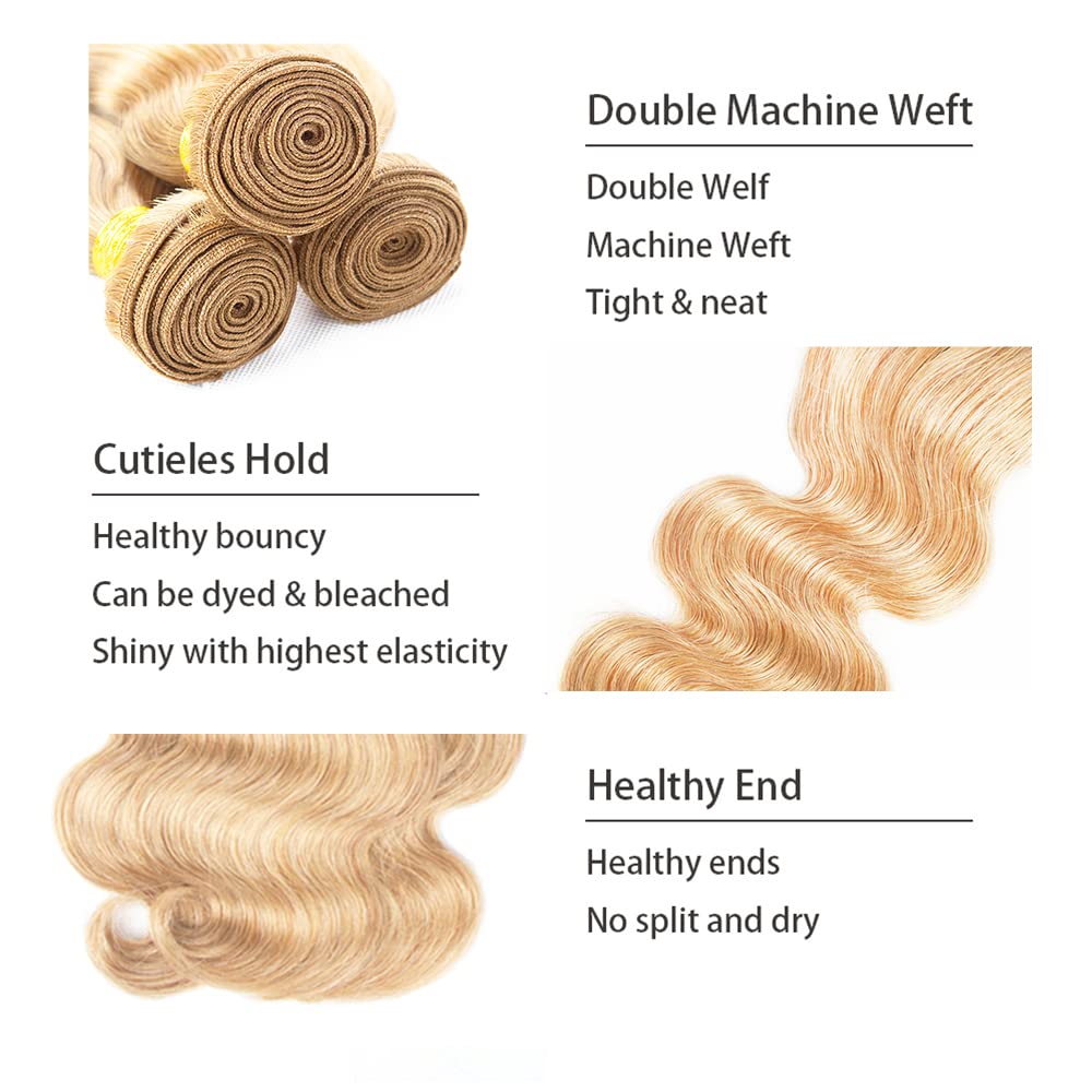P27/613 Highlight Blonde Bundles Body Wave Bundles Human Hair 14 16 18 Inch Unprocessed Brazilian Virgin Weave Hairs Honey Blonde 3 Bundle 50 Gram Per Bundle Human Hair Extensions