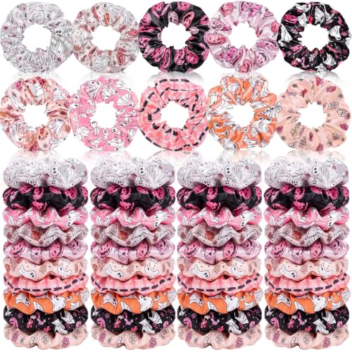 Halloween Satin Hair Scrunchies - Ghost & Pumpkin Elastic Ties - 80 Pack - Pink & Spooky Styles