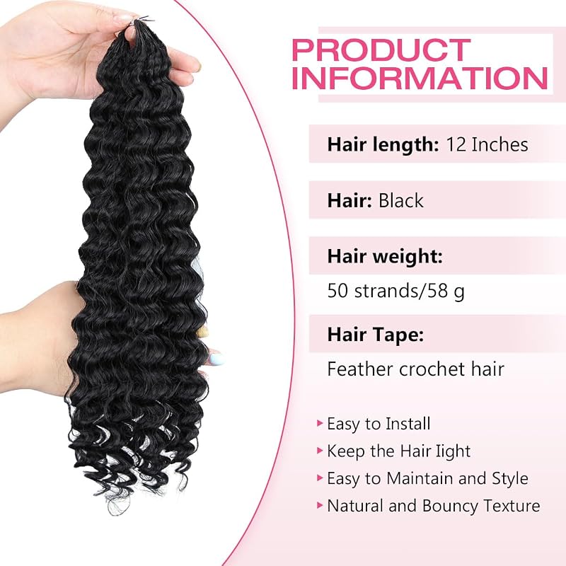 12in Black Feather Crochet Hair Extensions - 100 Strands Miracle Pre-Separated Deep Wave
