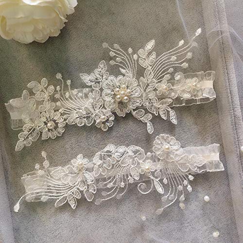JWICOS 2PCS Wedding Lace Garter Set Flower Bridal Garter Belt Bride Stretch Garter Costume for Women (White)